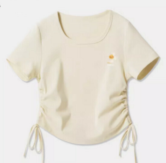Hot selling drawstring design short-sleeved T-shirt [Milk White (Smiling Flower Chest Logo)] [S-2XL Size] (Please contact customer service to confirm the delivery size after placing the order)
