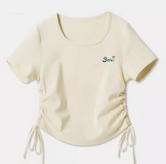Hot selling drawstring design short-sleeved T-shirt [Milk White (Good Mood Chest Logo)] [S-2XL Size] (please contact customer service to confirm the delivery size after placing the order)