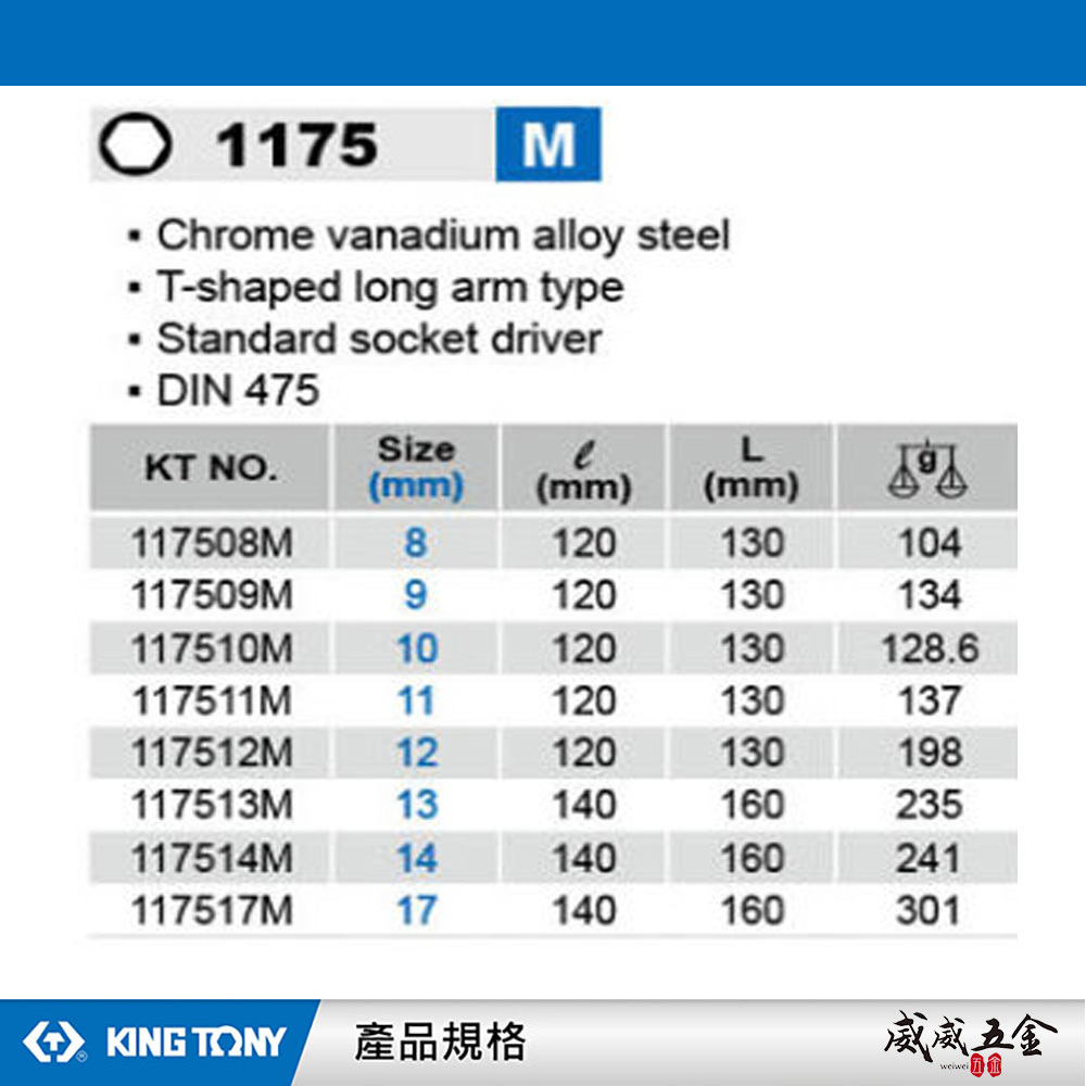 KING TONY 金統立｜1175M｜T型短柄套筒板手 T型板手 標準套筒 套筒板手 T桿短套筒扳手