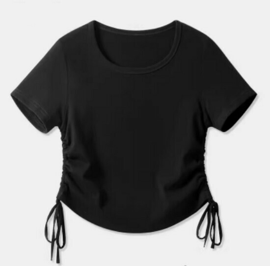 Hot selling drawstring design short-sleeved T-shirt [Black (blank)] [S-2XL size] (please contact customer service to confirm the delivery size after placing the order)