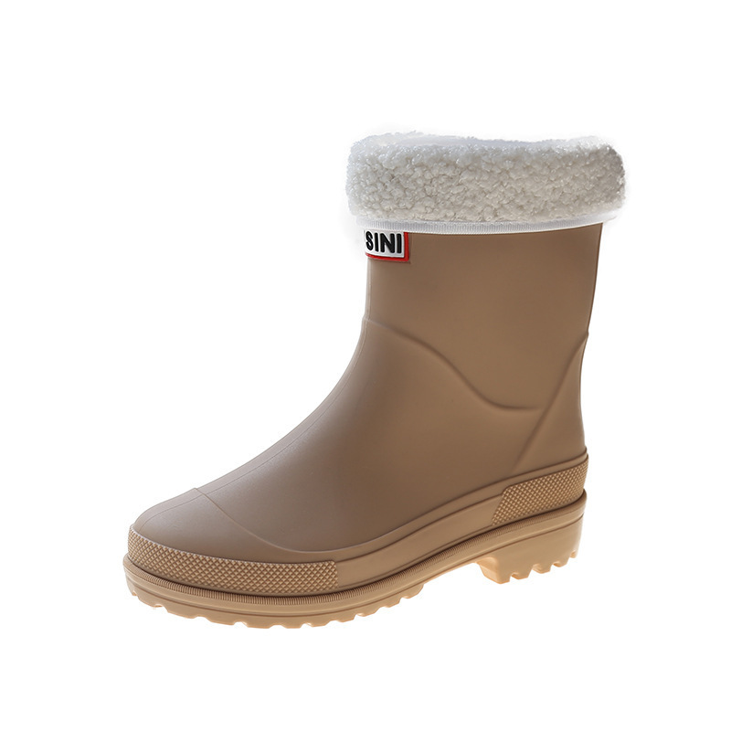 Medium-cut water shoes and rain boots (size 36-41 camel + [warm velvet cover]) (contact customer service to confirm the shipping size after placing an order)