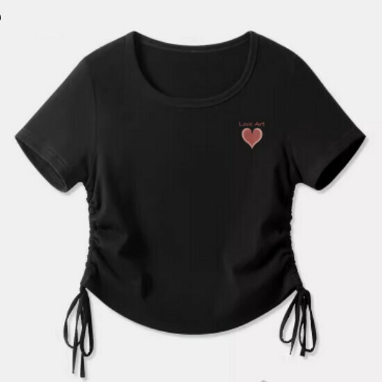 Hot selling drawstring design short-sleeved T-shirt [Black (Aiyi Heart Chest Logo)] [S-2XL Size] (please contact customer service to confirm the delivery size after placing the order)