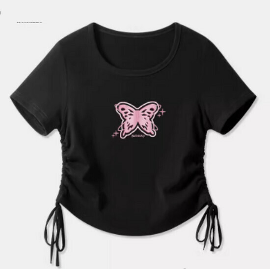 Hot selling drawstring design short-sleeved T-shirt [Black (Star Butterfly)] [S-2XL size] (please contact customer service to confirm the delivery size after placing the order)