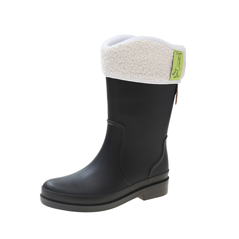 Medium water boots and rain boots (size 36-41 black + velvet sleeve (one size smaller)) (contact customer service to confirm the shipping size after placing an order)