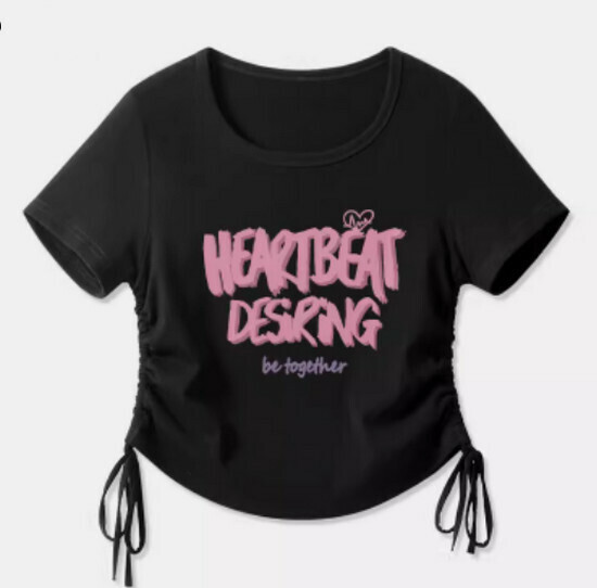 Hot selling drawstring design short-sleeved T-shirt [Black (pink)] [S-2XL size] (please contact customer service to confirm the delivery size after placing the order)
