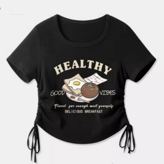 Hot selling drawstring design short-sleeved T-shirt [Black (Fat Reduction Meal)] [S-2XL Size] (please contact customer service to confirm the delivery size after placing the order)