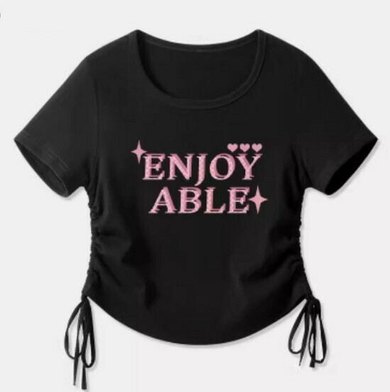 Hot selling drawstring design short-sleeved T-shirt [Black (letter pink)] [S-2XL size] (please contact customer service to confirm the delivery size after placing the order)