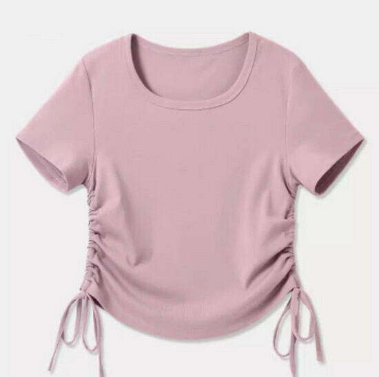 Hot selling drawstring design short-sleeved T-shirt [bean paste powder (blank)] [S-2XL size] (please contact customer service to confirm the delivery size after placing the order)