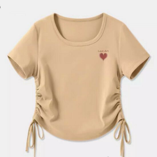 Hot selling drawstring design short-sleeved T-shirt [Khaki (Aiyi Heart Chest Logo)] [S-2XL] (please contact customer service to confirm the delivery size after placing the order)