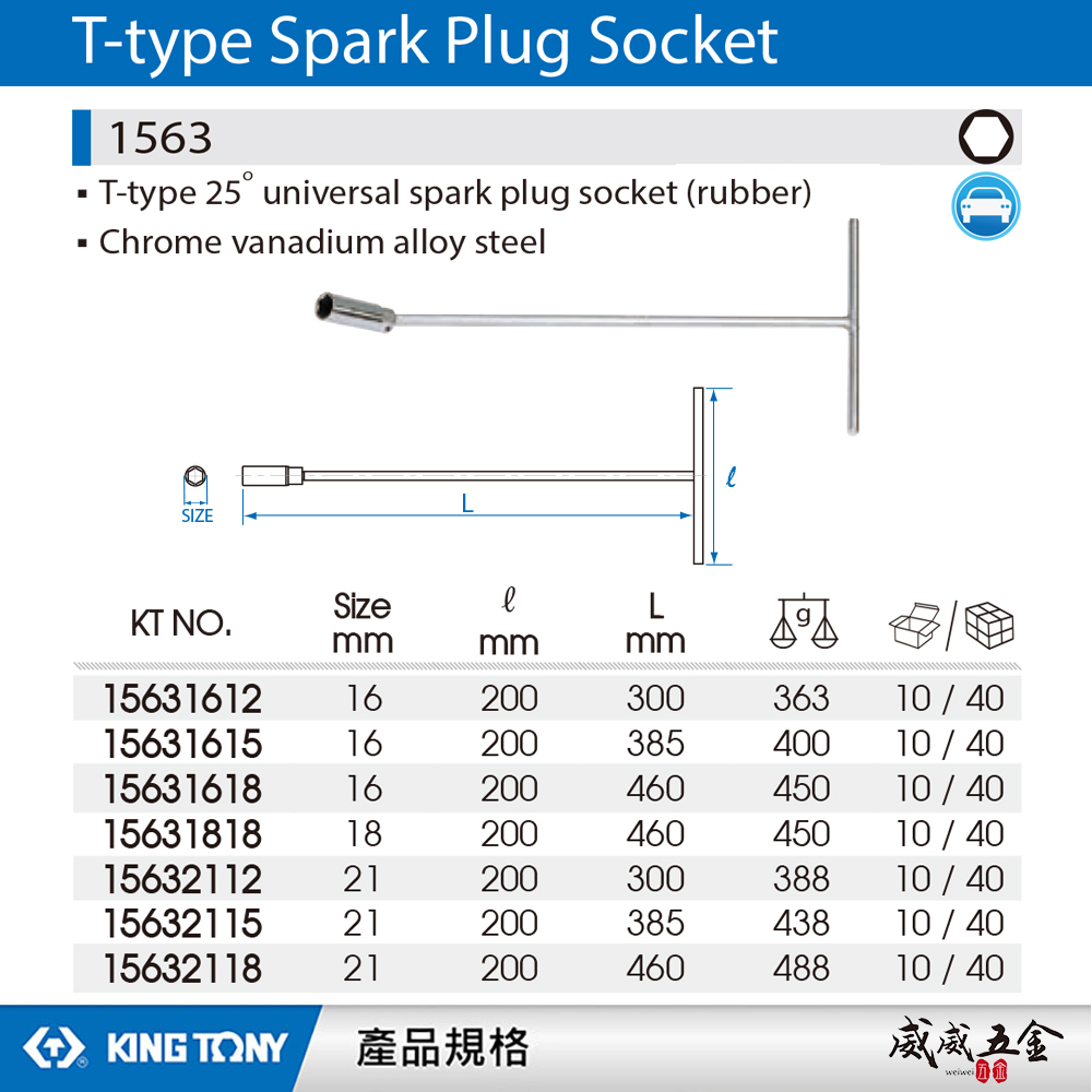 KING TONY 金統立｜1563｜T型萬向火星塞套筒 T型萬向套筒板手 T型板手 套筒扳手｜16mm