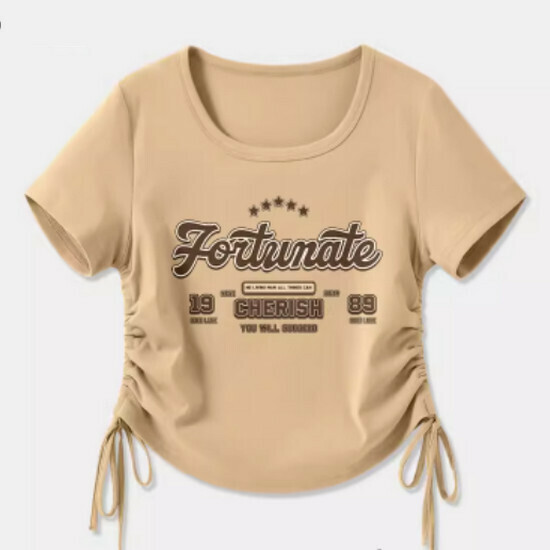 Hot selling drawstring design short-sleeved T-shirt [Khaki (Lucky Star)] [S-2XL size] (please contact customer service to confirm the delivery size after placing the order)