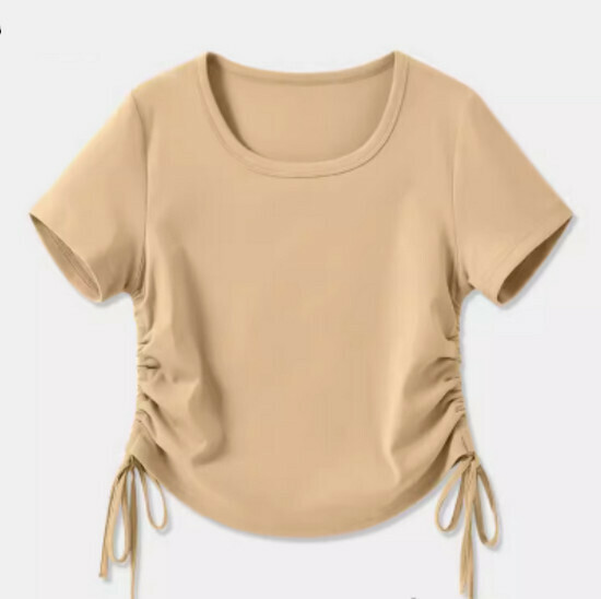 Hot selling drawstring design short-sleeved T-shirt [Khaki (blank)] [S-2XL size] (please contact customer service to confirm the delivery size after placing the order)