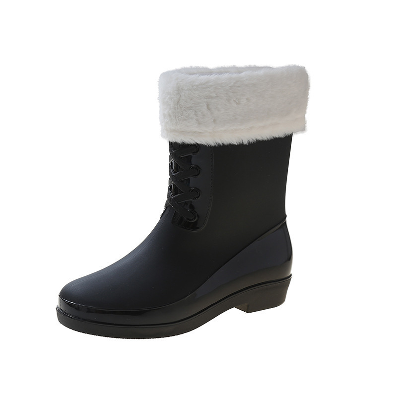 Medium-cut water boots and rain boots (size 36-41 black + [detachable warm velvet cover]) (contact customer service to confirm the shipping size after placing an order)