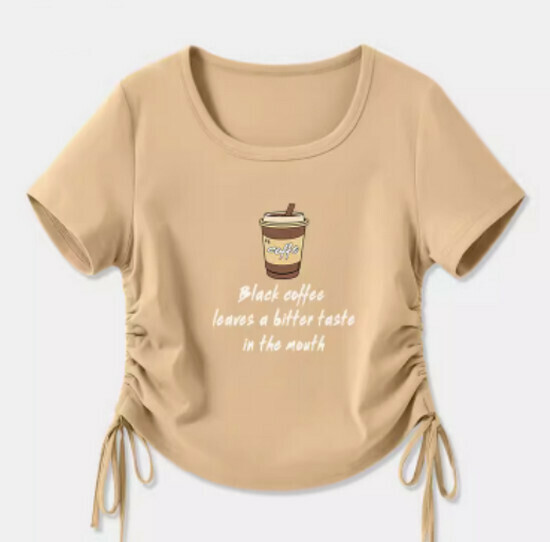 Hot selling drawstring design short-sleeved T-shirt [Khaki (clear coffee)] [S-2XL size] (please contact customer service to confirm the delivery size after placing the order)