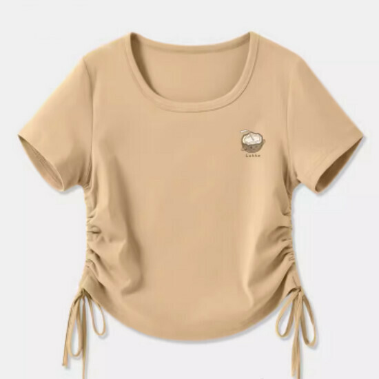 Hot selling drawstring design short-sleeved T-shirt [Khaki (coconut chest logo)] [S-2XL size] (please contact customer service to confirm the delivery size after placing the order)