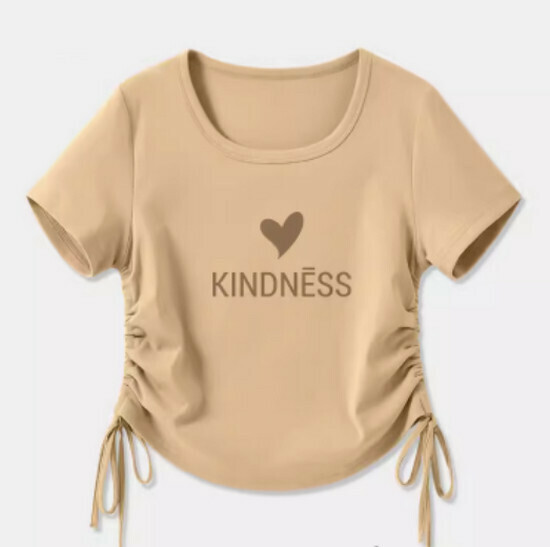 Hot selling drawstring design short-sleeved T-shirt [Khaki (letter heart)] [S-2XL size] (please contact customer service to confirm the delivery size after placing the order)