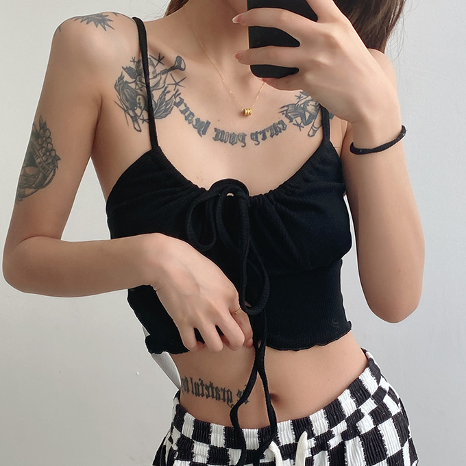 Hot selling strappy waffle camisole (black) (S/M size) (contact customer service after placing order to confirm delivery size)