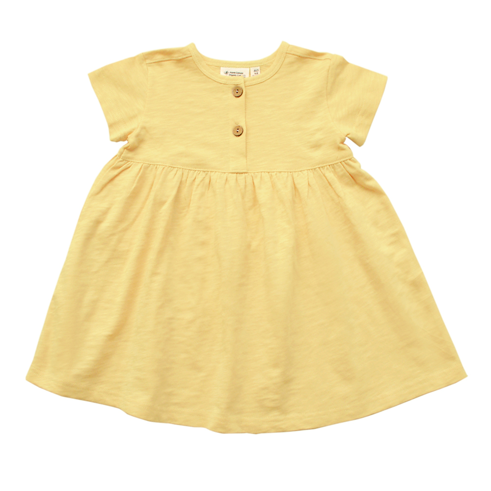 有機棉女童竹節短袖洋裝-鵝黃 | 藍天畫布有機棉