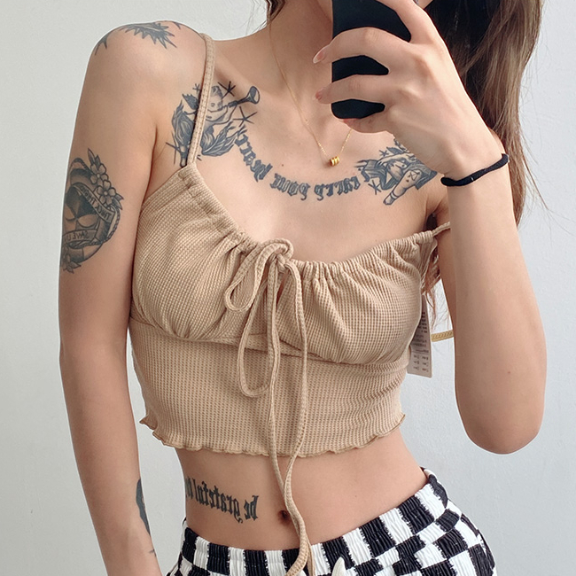 Hot selling strappy waffle camisole (khaki) (S/M size) (contact customer service after placing order to confirm delivery size)