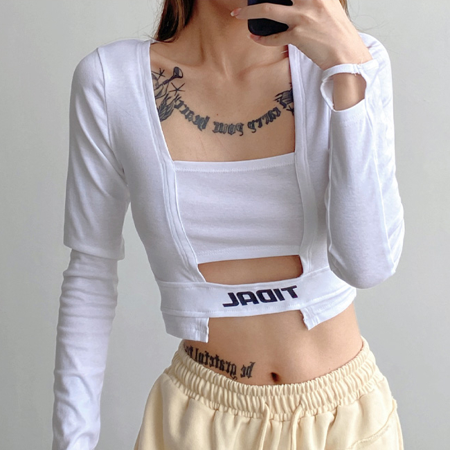 Hot selling letter embroidered square collar hollow long-sleeved T-shirt (white) (S-L size) (contact customer service after placing the order to confirm the delivery size)
