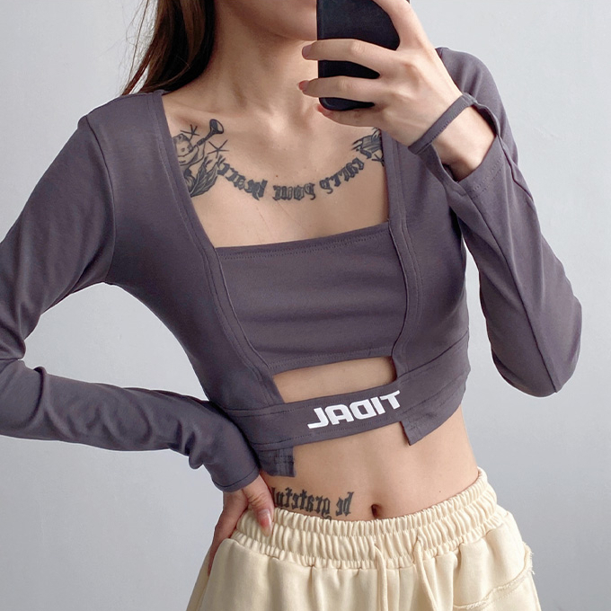Hot selling letter embroidered square collar hollow long-sleeved T-shirt (charcoal gray) (S-L size) (contact customer service after placing the order to confirm the delivery size)