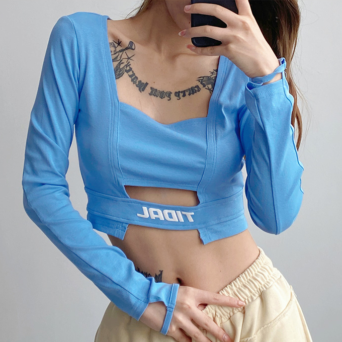 Hot selling letter embroidered square collar hollow long-sleeved T-shirt (blue) (S-L size) (contact customer service after placing the order to confirm the delivery size)