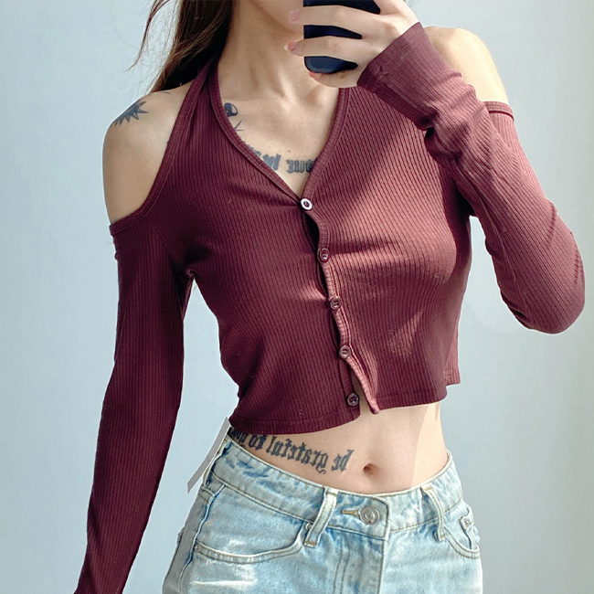 Hot selling hollow off-shoulder sweater (coffee color) (S/M size) (contact customer service after placing the order to confirm the delivery size)