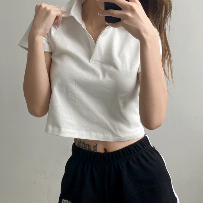Hot Selling Short Polo Collar Short Sleeve T-Shirt (White) (One Size)