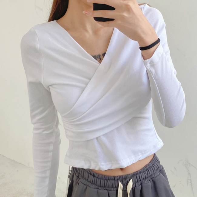 Hot selling V-neck long-sleeved T-shirt (white) (S/M size) (contact customer service after placing order to confirm delivery size)