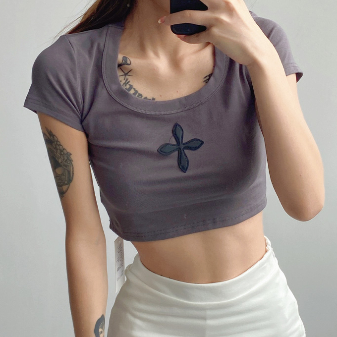 Hot selling U-neck navel-baring short-sleeved T-shirt (charcoal gray) (S/M size) (contact customer service after placing the order to confirm the delivery size)