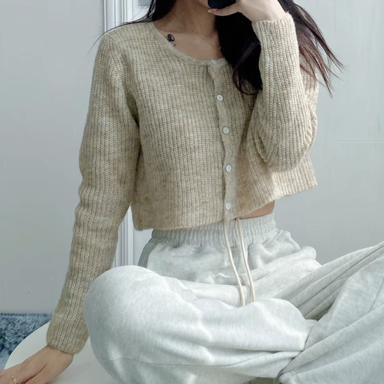 熱賣單排扣短款針織開衫(杏色)(均碼)