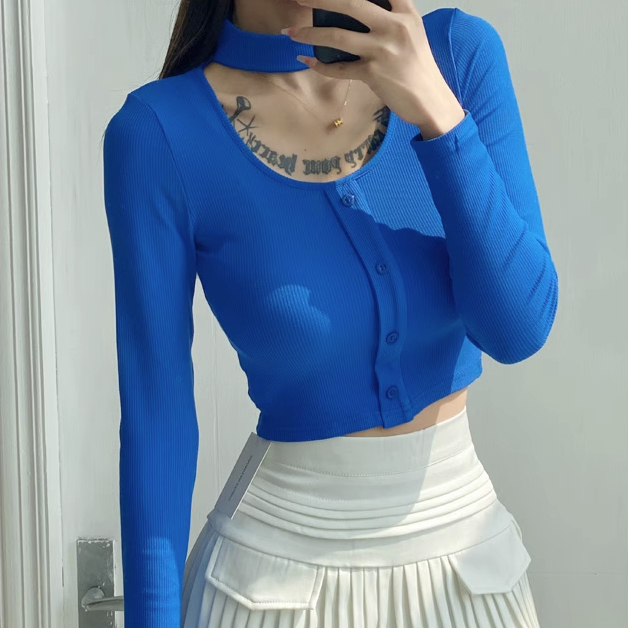 Hot selling round neck halterneck long-sleeved T-shirt (Klein blue) (S/M size) (contact customer service after placing the order to confirm the delivery size)