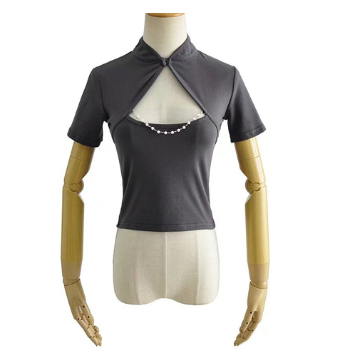 Hot selling hollow beaded short-sleeved T-shirt (dark gray) (S/M size) (contact customer service after placing the order to confirm the delivery size)