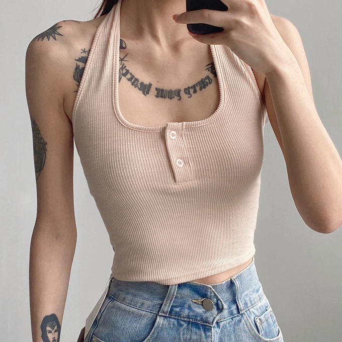 Hot selling short outer wear halterneck vest (apricot color) (S/M size) (contact customer service after placing the order to confirm the delivery size)