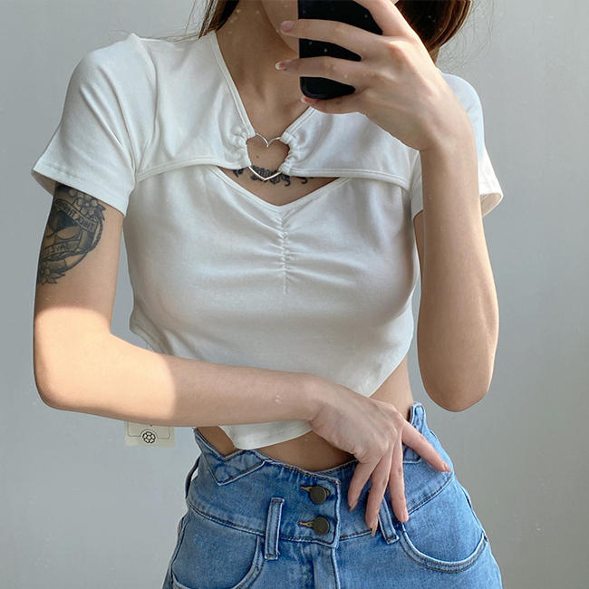 Hot selling love hollow diagonal cut irregular short-sleeved T-shirt (white) (S/M size) (contact customer service after placing the order to confirm the delivery size)