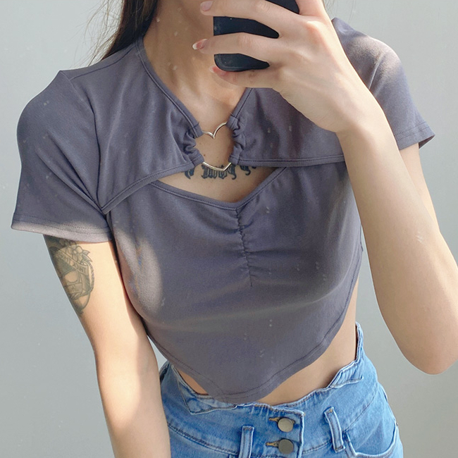 Hot selling love hollow diagonal cut irregular short-sleeved T-shirt (charcoal gray) (S/M size) (contact customer service after placing the order to confirm the delivery size)