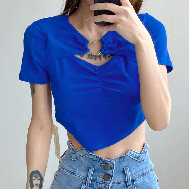 Hot selling love hollow diagonal cut irregular short-sleeved T-shirt (royal blue) (S/M size) (contact customer service after placing the order to confirm the delivery size)