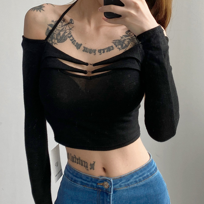 Hot Selling Boat Collar Short Long Sleeve Halter Sweater (Black) (S/M Size) (Contact customer service after placing the order to confirm the delivery size)