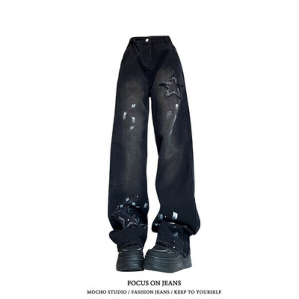Hot Selling Retro Splash Design Straight Jeans [Black] Sizes [S-XL] [Please contact customer service to confirm the delivery size after placing the order]