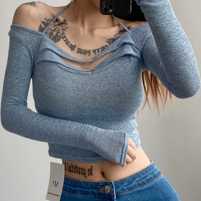 Hot Selling Boat Collar Short Long Sleeve Halter Sweater (Blue) (S/M Size) (Contact customer service after placing the order to confirm the delivery size)