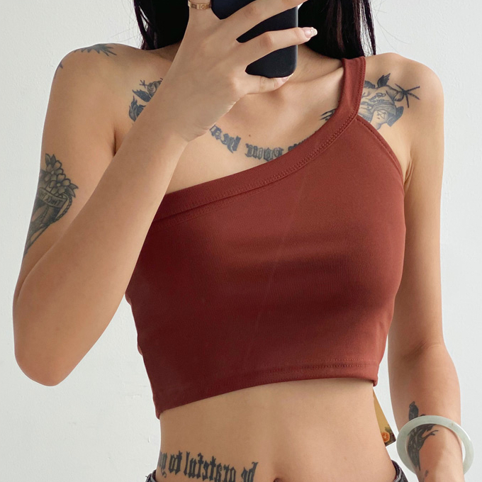 Hot selling elastic one-shoulder camisole (brown) (S/M size) (contact customer service after placing the order to confirm the delivery size)