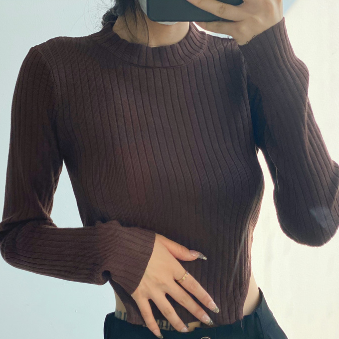 Hot selling threaded long-sleeved irregular knitted bottoming shirt (brown) (S/M size) (contact customer service after placing the order to confirm the delivery size)