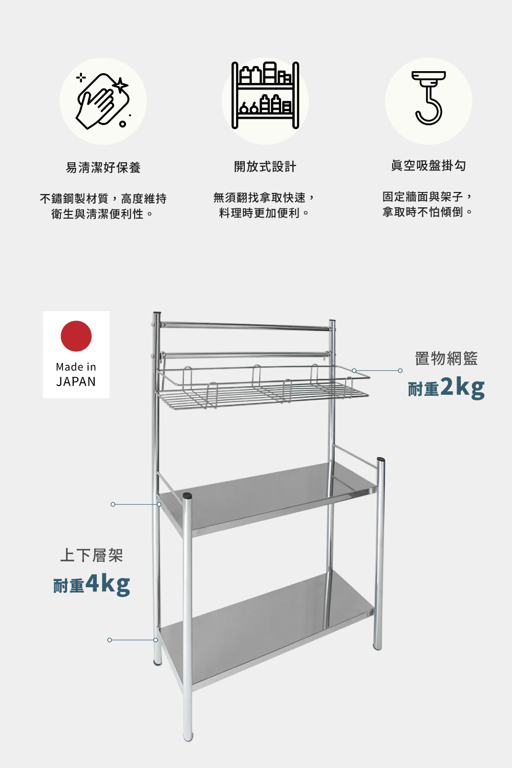 《A&i》日本製多功能開放式三層帶籃廚房收納架 40cm