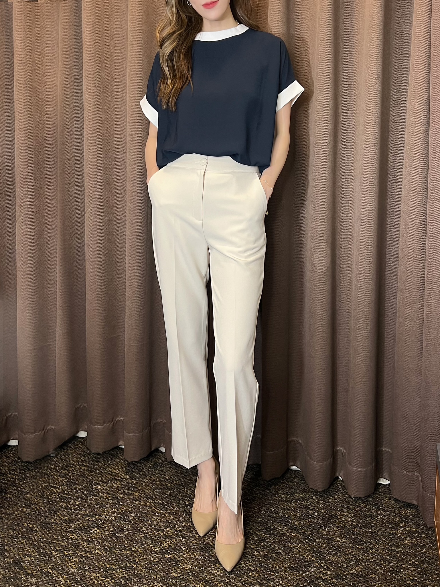 滾邊短袖拼接上衣