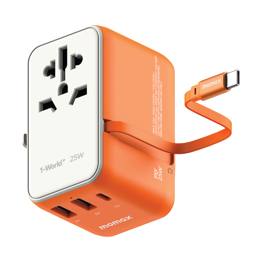 Momax 1-World+ 25W 3-插口 內建 USB-C 充電線 + AC 旅行充電插座 UA20