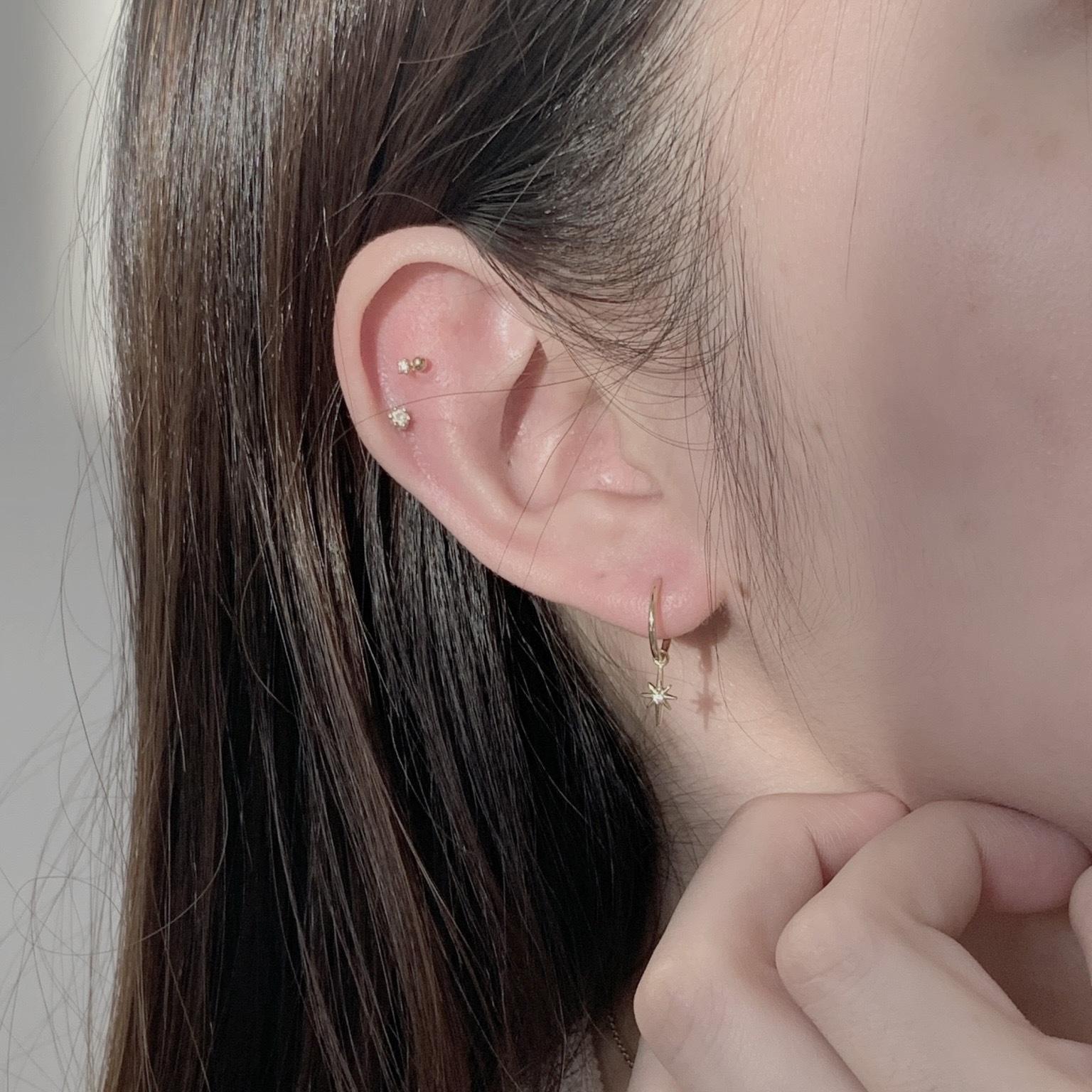 10k垂墜星芒鋯石半圈式耳環