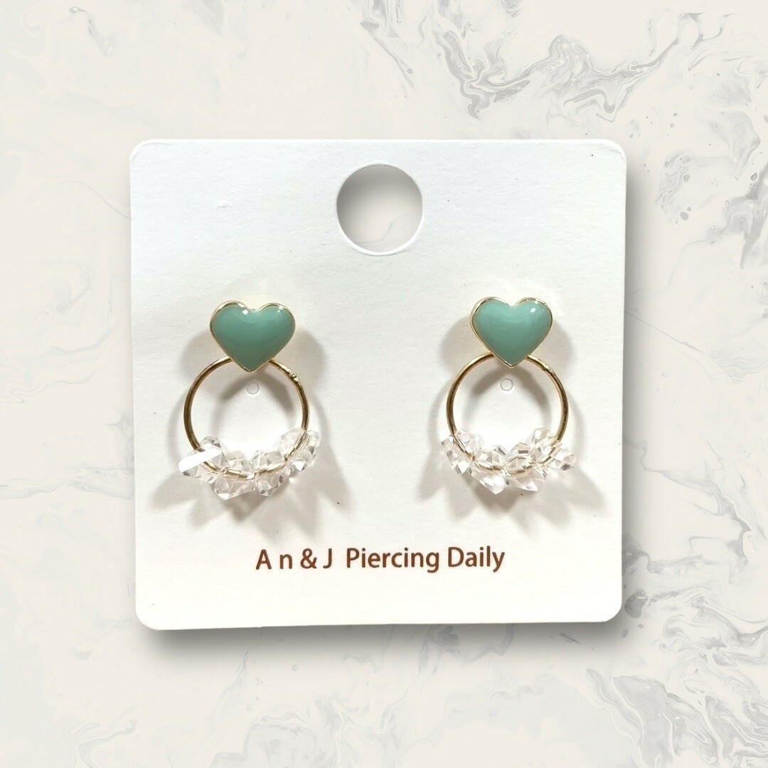 925耳針-金邊綠愛心吊金圈串白碎晶