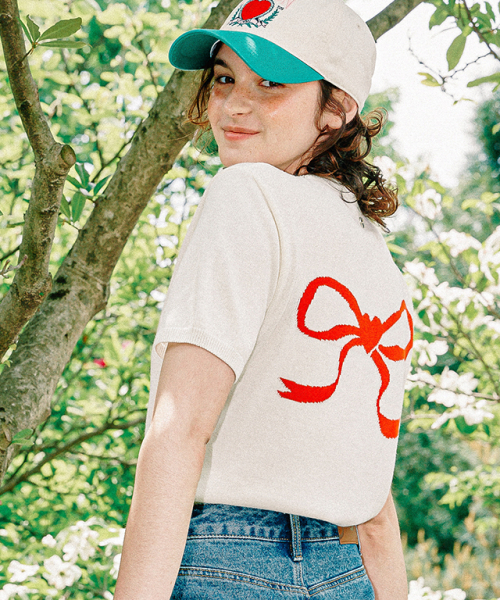 RONRON HEART RIBBON JACQUARD SHORT SLEEVE KNIT