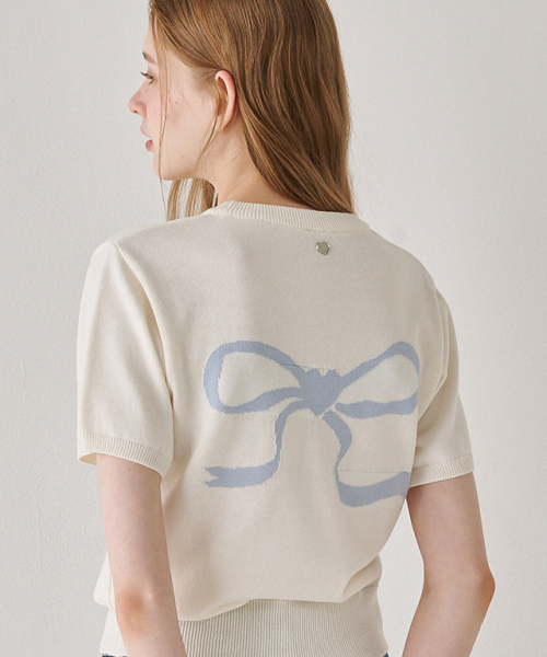 RONRON HEART RIBBON JACQUARD SHORT SLEEVE KNIT