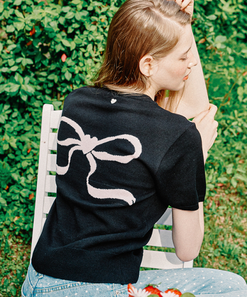 RONRON HEART RIBBON JACQUARD SHORT SLEEVE KNIT